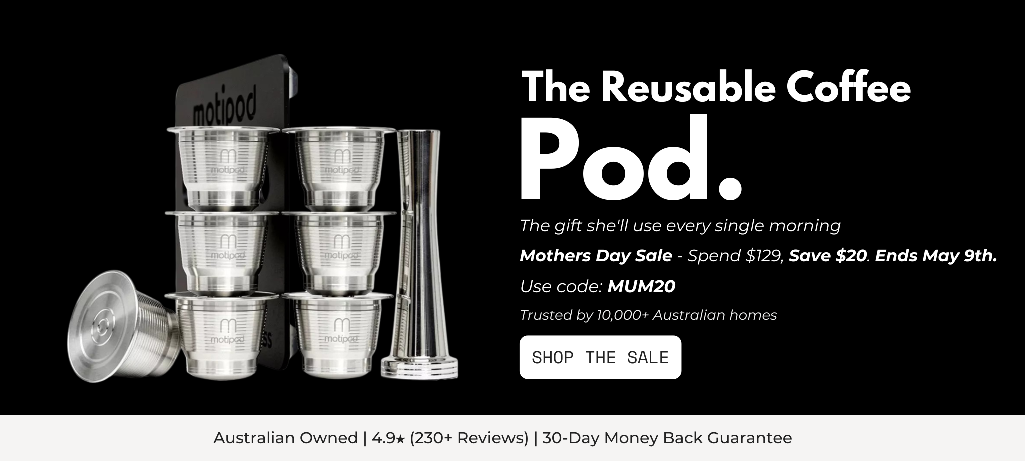 Reusable coffee pod set for nespresso with promotional text on a black background