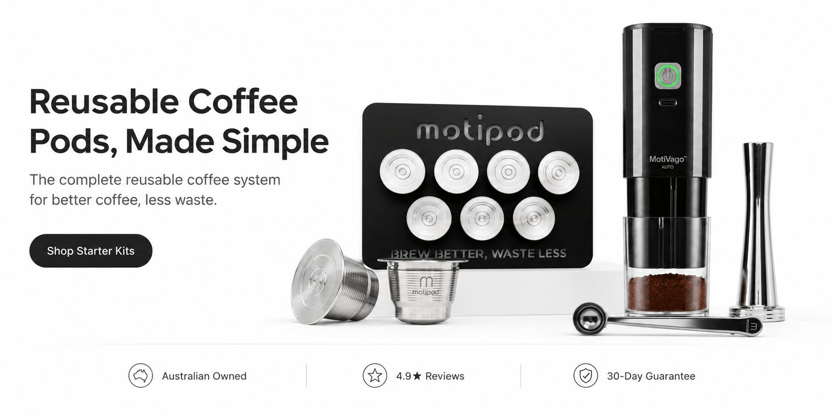 Motipod reusable coffee pod system with packaging and coffee beans on a white background